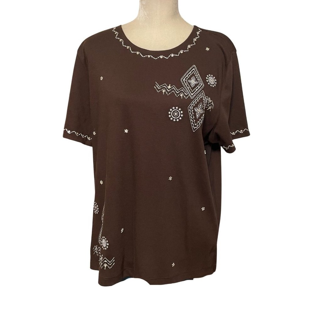 Alfred Dunner Shirt Womens Large Brown Sequin Embellished Crewneck Top Short Sle